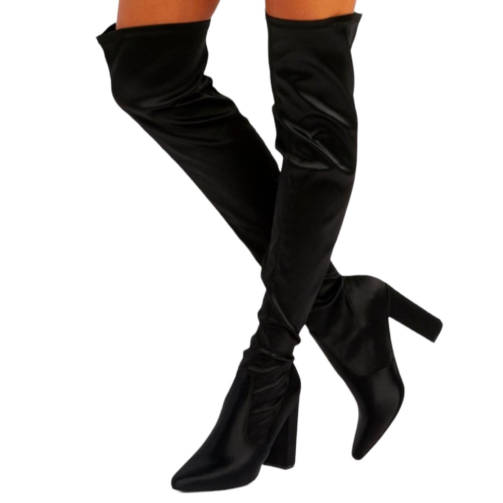 Satin Over the Knee Boots NEW 5.5 OTK Stretch Basic Black Fitted Pointed Toe
